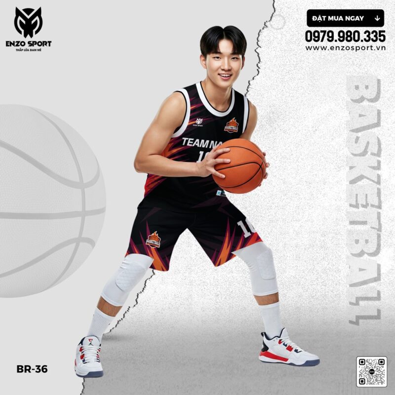 Đồng phục bóng rổ Enzo Sport BR-36 - Đen phối họa tiết ngọn lửa