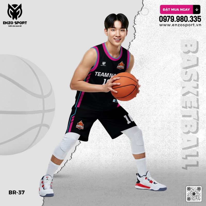 Đồng phục bóng rổ Enzo Sport BR-37 - Đen phối hồng neon & xanh cyan mạnh mẽ