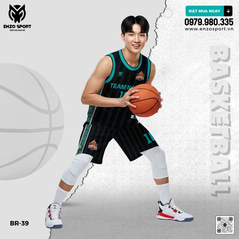 Đồng Phục Bóng Rổ Đen Sọc Xám – Viền Xanh Ngọc Nổi Bật