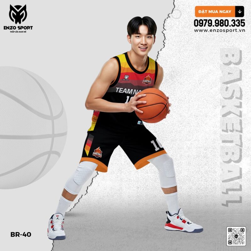 Bộ quần áo bóng rổ BR-40 màu đen phối cam – Enzo Sport