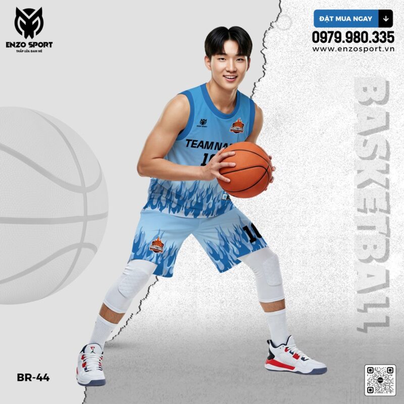Bộ đồ bóng rổ Enzo Sport BR-44 xanh dương – Họa tiết ngọn lửa năng động