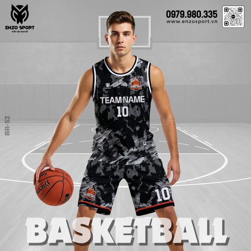 Đồng phục bóng rổ nam đen trắng phối camo – Mã AoBongRo-52