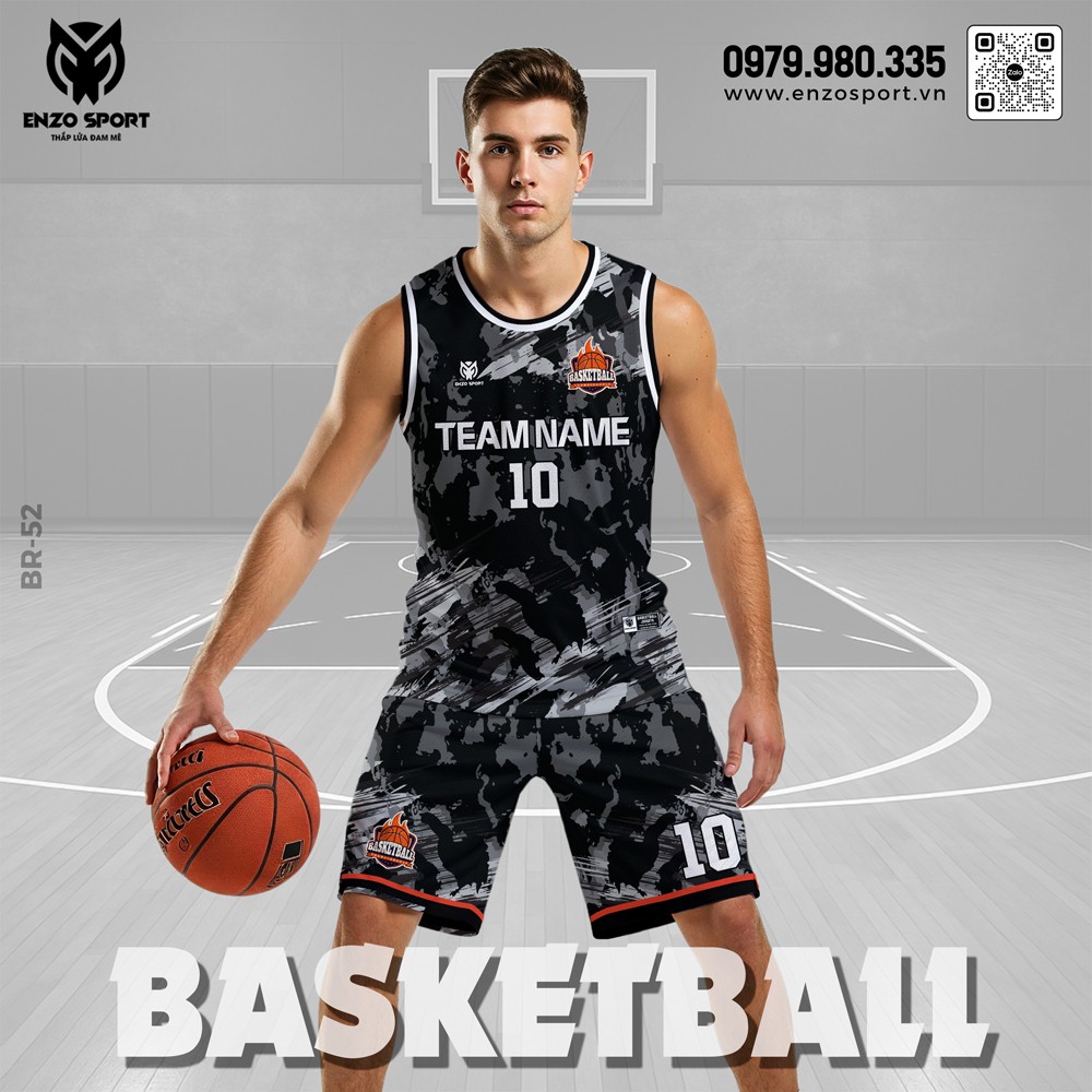 Đồng phục bóng rổ nam màu đen trắng phối xám họa tiết camo với thiết kế thể thao chuyên nghiệp