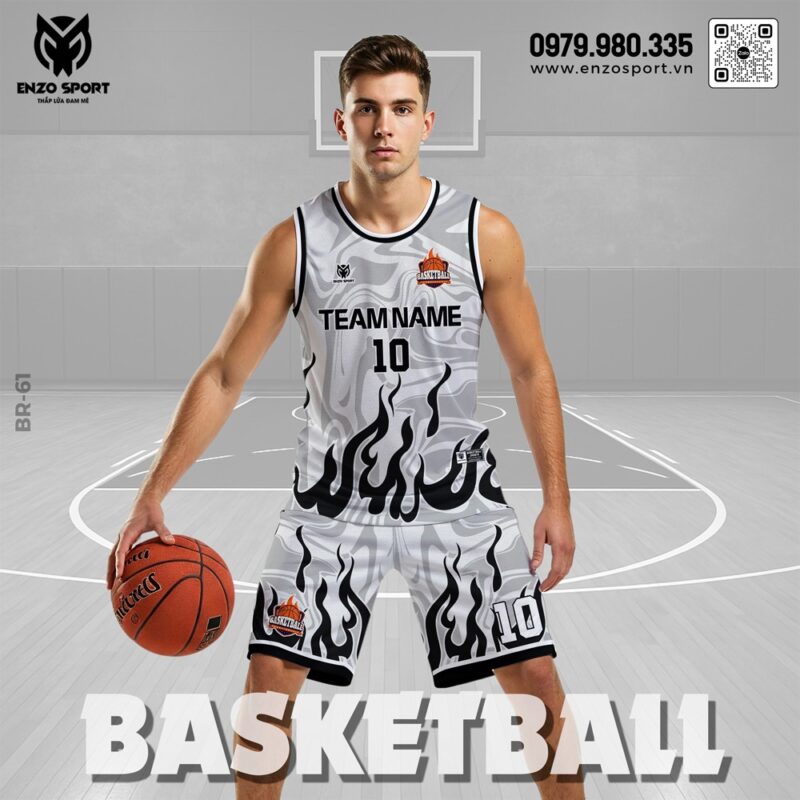 Đồng Phục Bóng Rổ Nam Trắng Xám Họa Tiết Ngọn Lửa - Mã 61