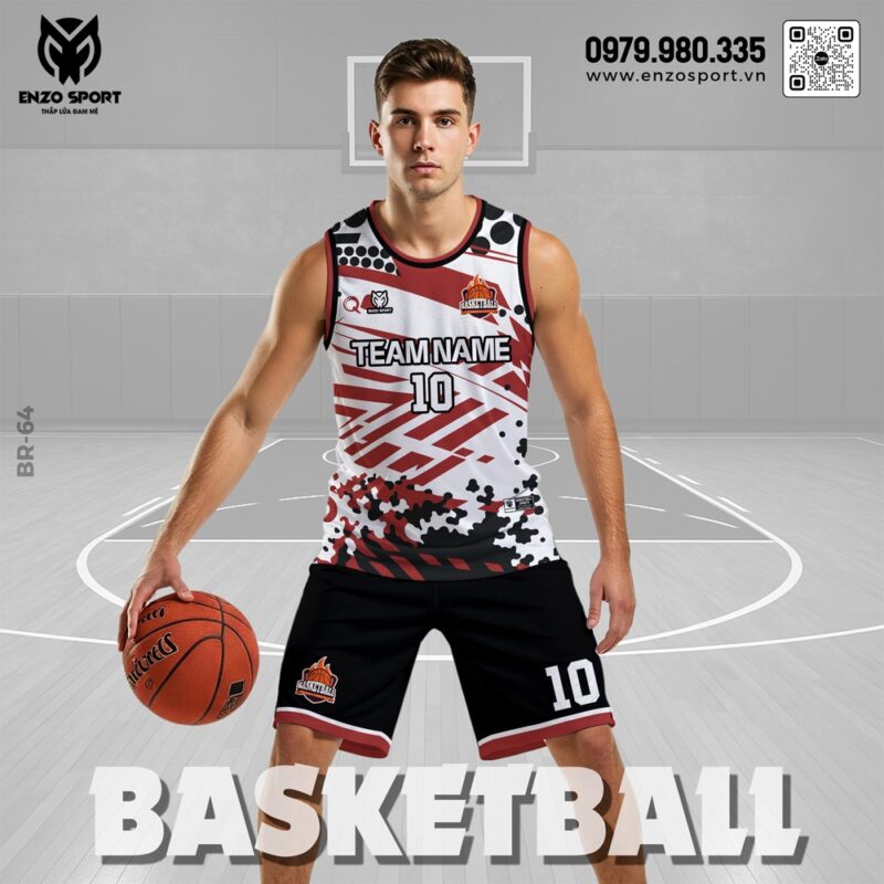 Đồng phục bóng rổ EnzoSport trắng đen đỏ – Mạnh mẽ và năng động