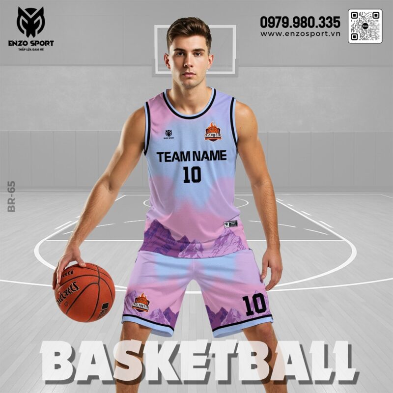 Áo Bóng Rổ Nam Màu Gradient Hồng Pastel Xanh Lam – Thiết Kế Núi Trừu Tượng Cá Tính
