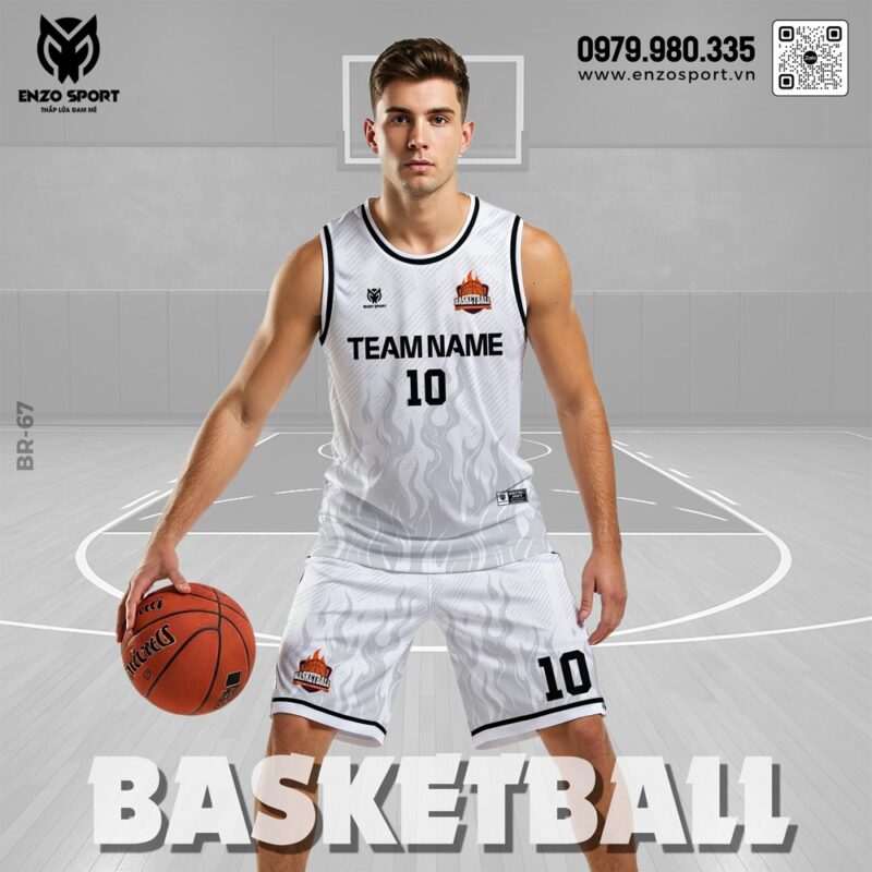 Đồng phục bóng rổ trắng họa tiết lửa - Mã 67