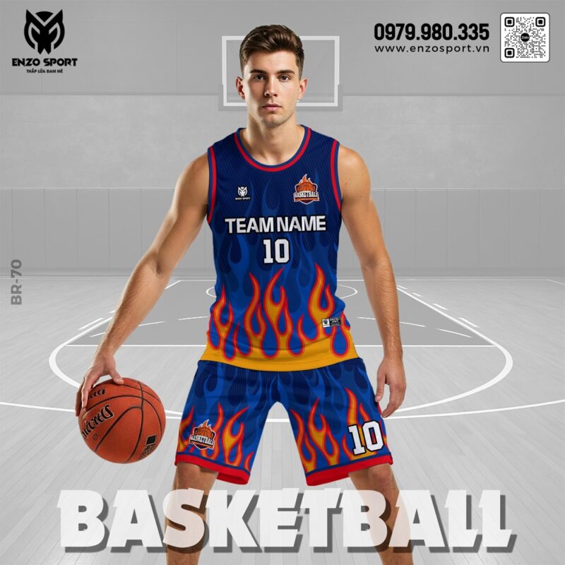 Bộ Quần Áo Bóng Rổ Màu Xanh Dương Đậm Họa Tiết Ngọn Lửa Năng Động