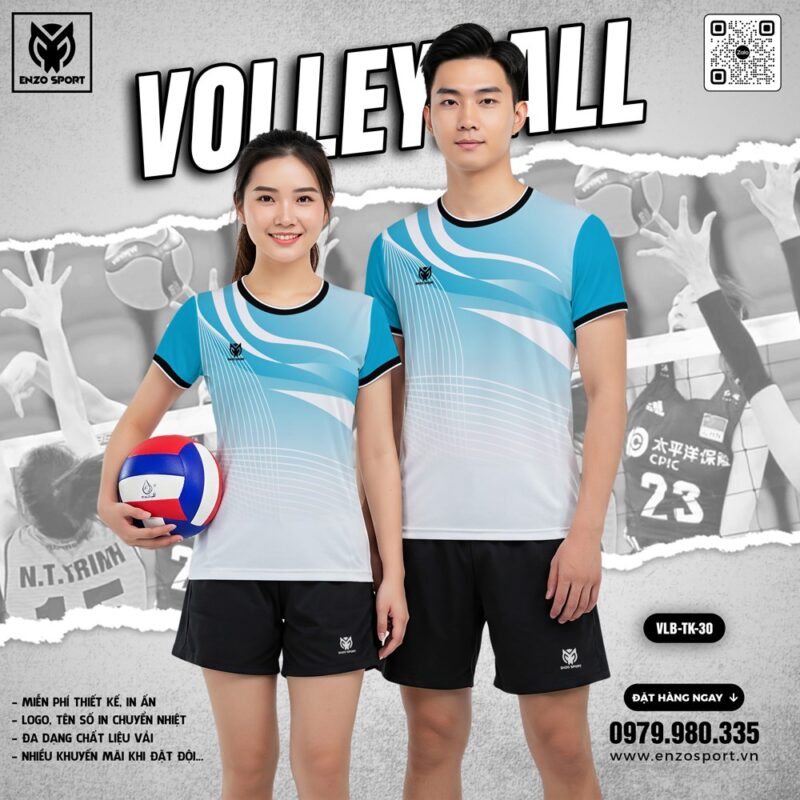 Đồng phục bóng chuyền Enzo Sport trắng xanh cobalt năng động