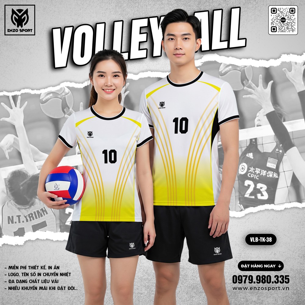 Đồng phục bóng chuyền thiết kế trắng vàng neon đen VLB-TK38