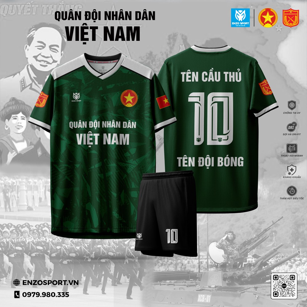 Áo bóng đá Quân đội xanh lá đậm tông đỏ vàng phối trắng, logo quân sự, cờ Việt Nam nổi bật