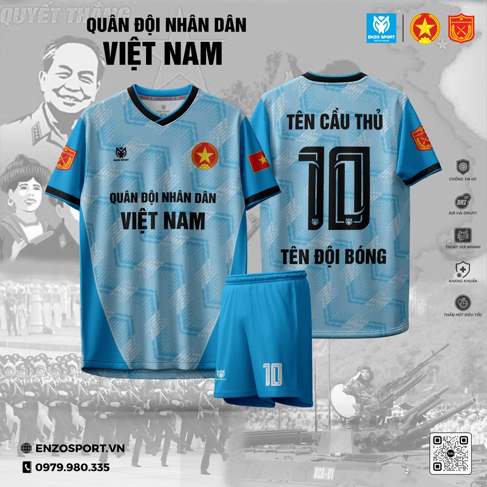 Áo bóng đá quân đội màu xanh nhạt, phối đen-đỏ, vải DRIFT chống UV, thiết kế thể thao, Enzo Sport