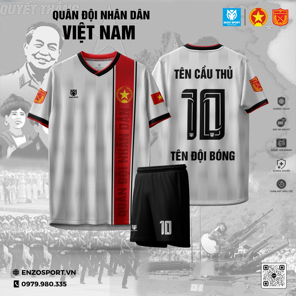 Áo Bóng Đá Quân Đội Nhân Dân màu trắng đỏ đen – Tinh thần Việt Nam, sọc đỏ, sao vàng, chất liệu cao cấp chống tia UV