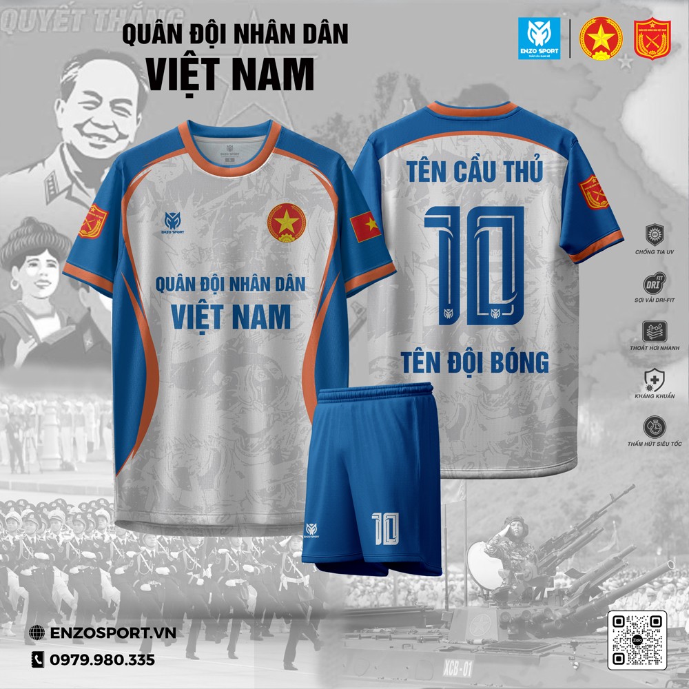 Áo bóng đá quân đội xanh dương phối cam, quốc kỳ Việt Nam trên vai, logo Quân đội nhân dân