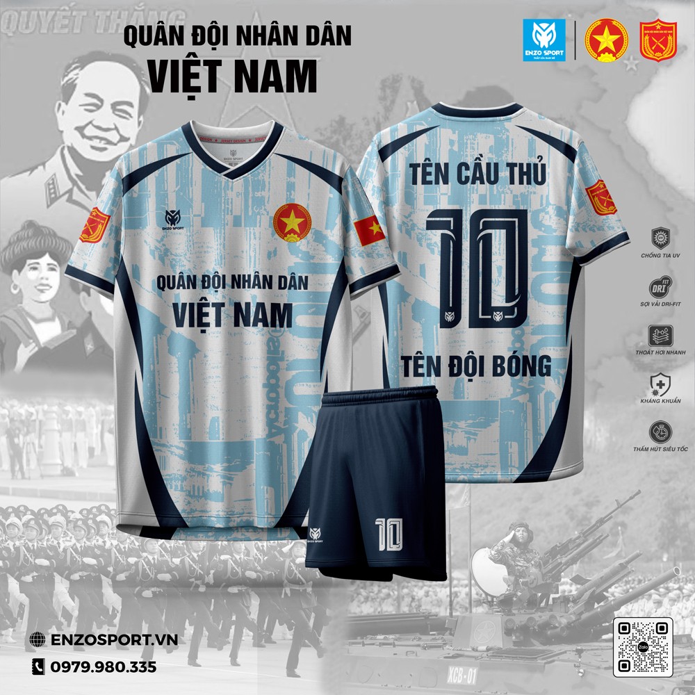 Áo bóng đá Quân đội Việt Nam màu xanh nhạt chống tia UV, hút ẩm, kháng khuẩn