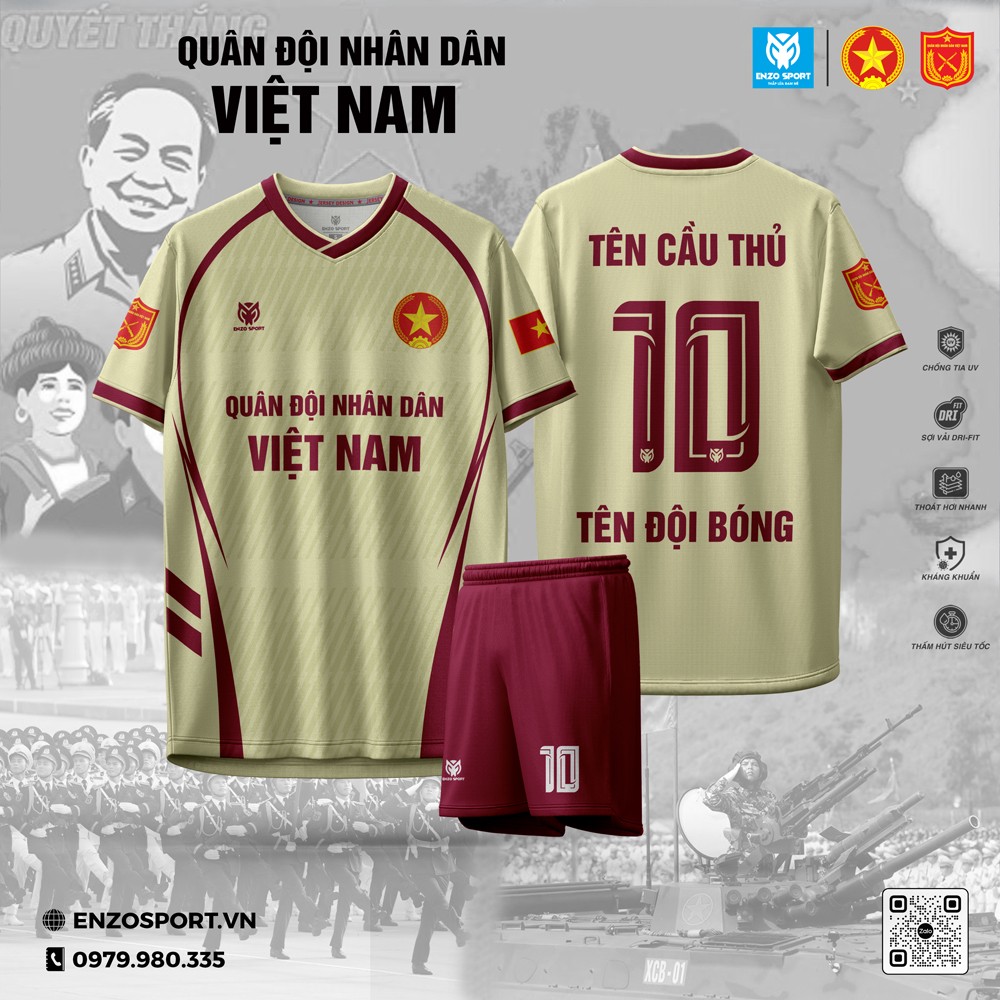 Áo bóng đá Quân Đội màu vàng nhạt phối đỏ đô, biểu tượng cho sự tự hào và lịch sử, chất vải DRIFT thể thao cao cấp