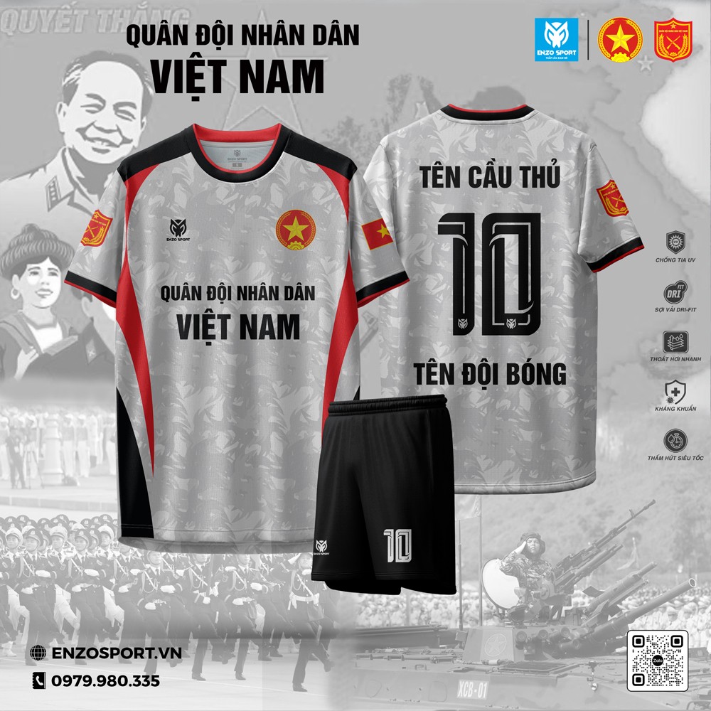 Áo bóng đá Quân đội màu xám thiết kế phối đỏ đen – chất liệu thể thao hiện đại