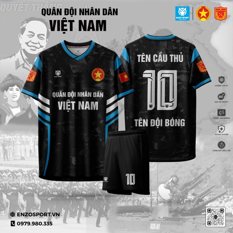 Áo Bóng Đá Lực Lượng Quân Đội Đen Điểm Xanh Dương Logo Đỏ