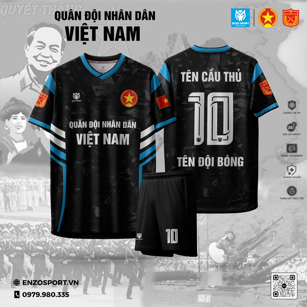 Áo bóng đá lực lượng quân đội màu đen điểm xanh dương logo đỏ