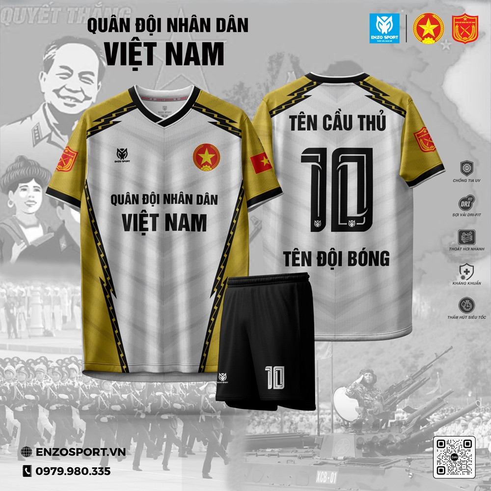 Áo bóng đá Quân đội Việt Nam DRY-fit trắng vàng đồng mạnh mẽ sang trọng
