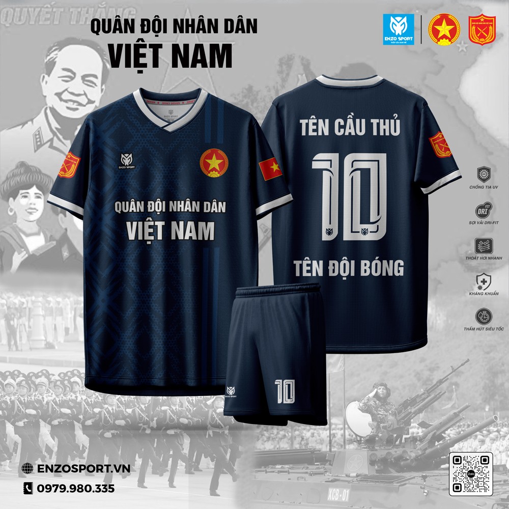 Áo bóng đá Quân Đội màu xanh đậm chủ đạo với điểm nhấn đỏ vàng, chất liệu DRIFT chất lượng cao.