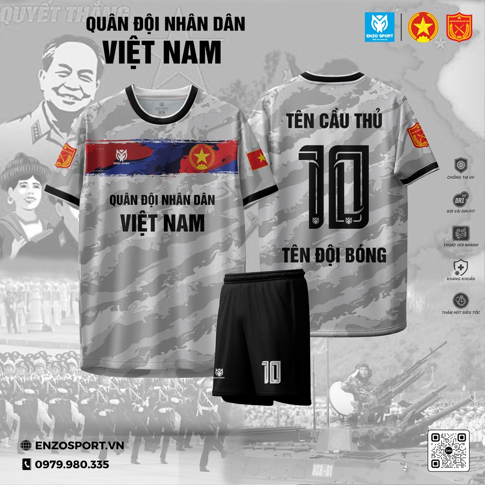 Áo bóng đá rằn ri quân đội xám phối viền đen cờ Việt Nam trên ngực - Enzosport