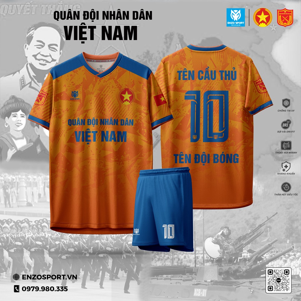 Áo bóng đá quân đội màu cam đậm phối xanh dương với họa tiết văn hóa và chất liệu DRIFT cao cấp