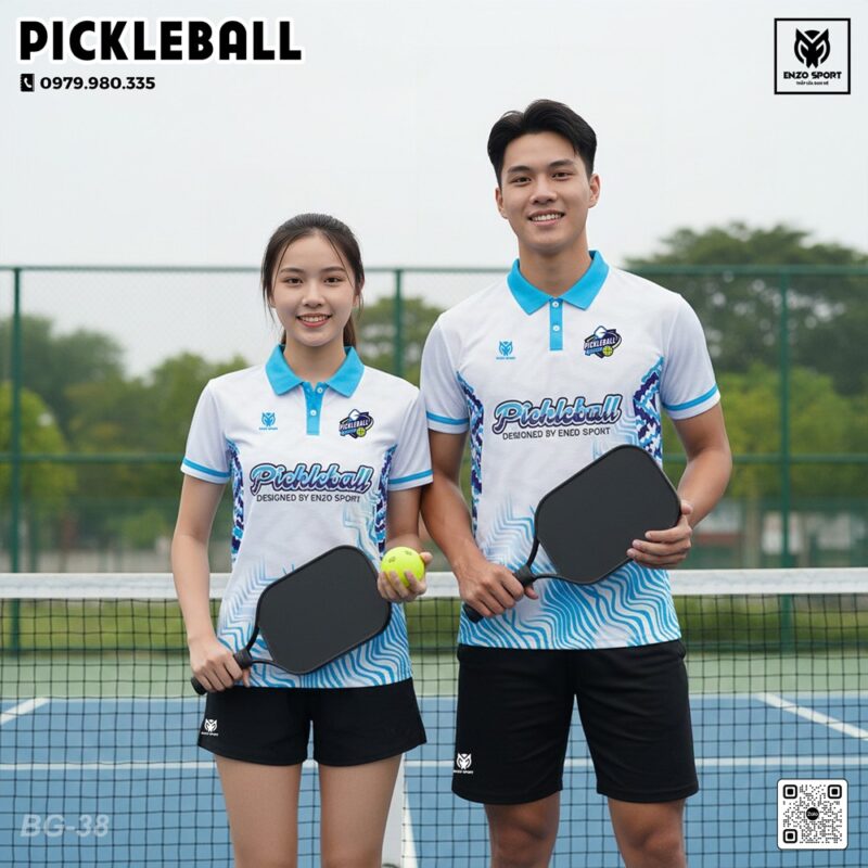 Combo Áo Thi Đấu Pickleball Màu Trắng Xanh Dương Kèm Vợt Đen Chuyên Nghiệp