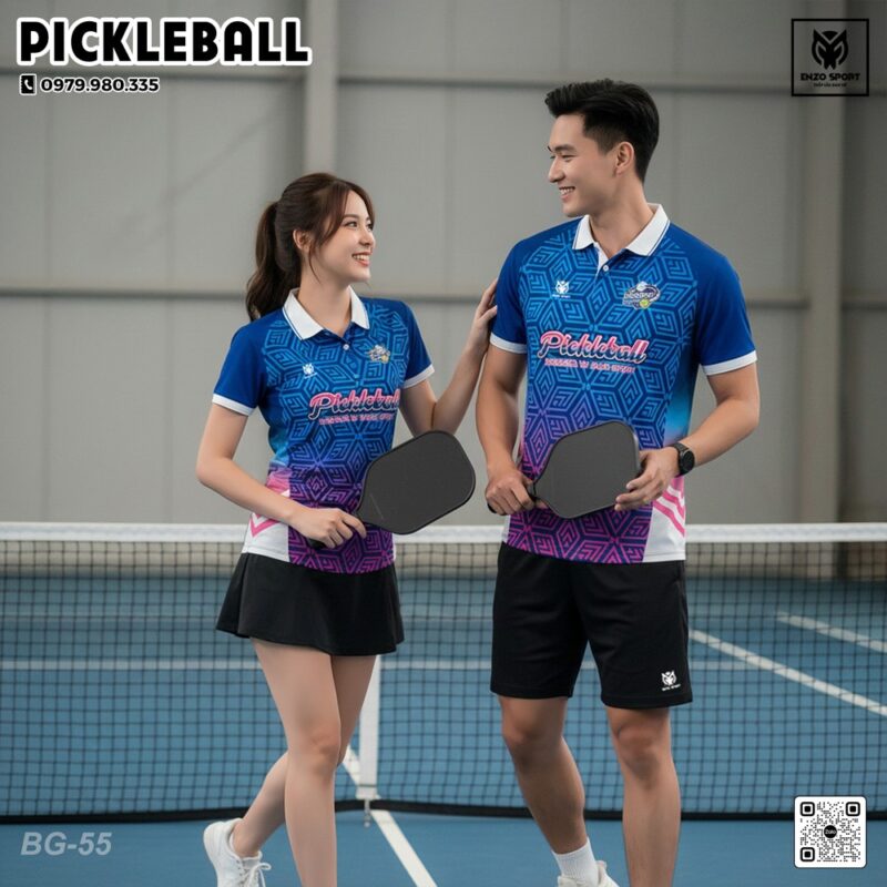 Áo Thể Thao Pickleball Xanh Biển Sẫm – Họa Tiết Tím Hình Học Trẻ Trung