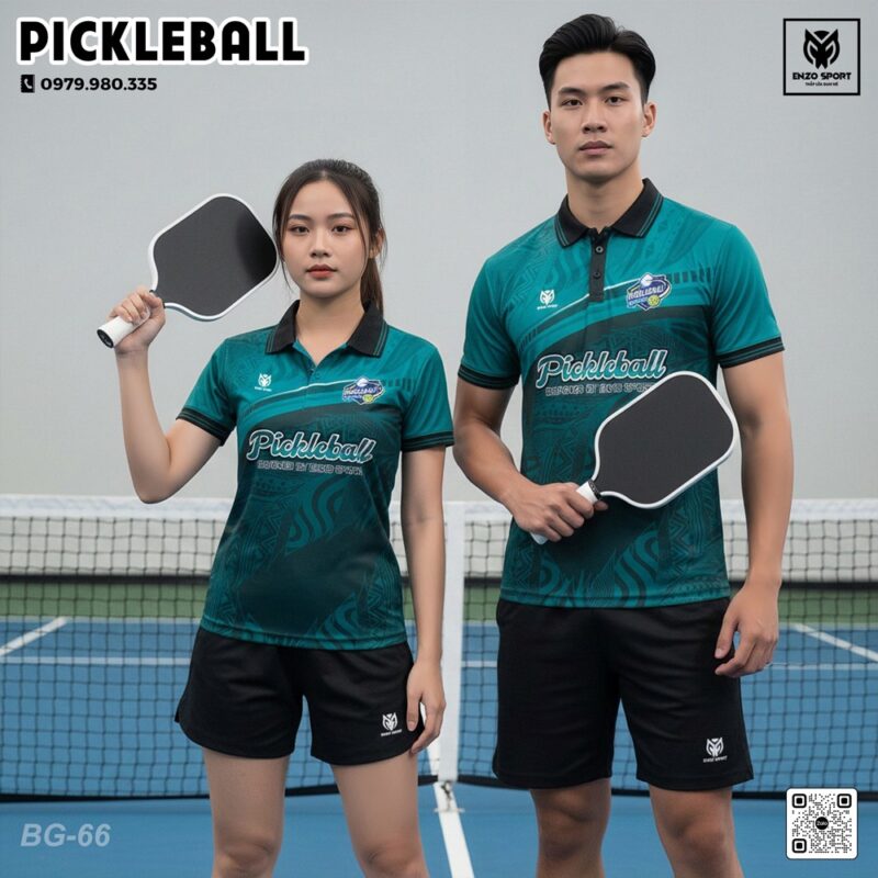 Bộ trang phục thể thao Pickleball xanh lá đen phối họa tiết – Polo & Quần ngắn chuyên nghiệp