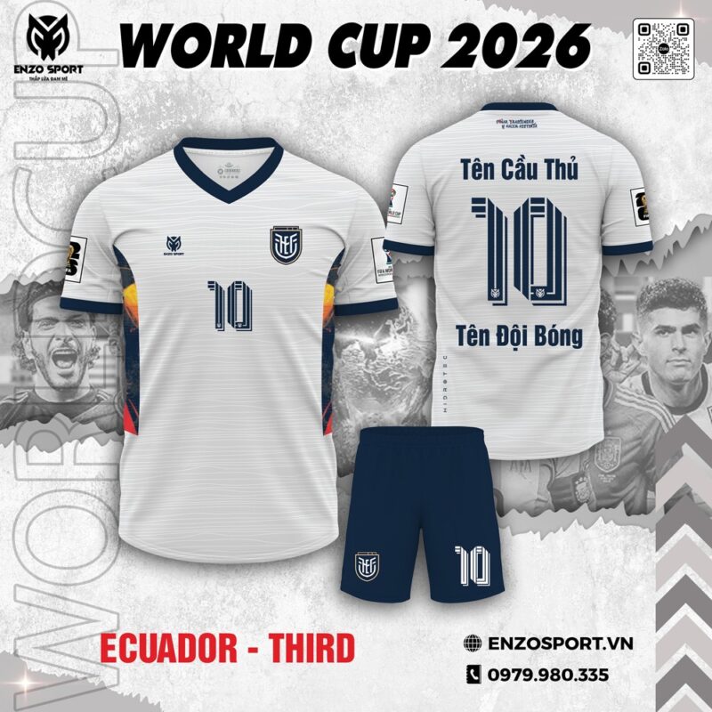 Bộ Quần Áo Đội Tuyển Ecuador World Cup 2026 Sân Khách – Trắng Xanh Navy