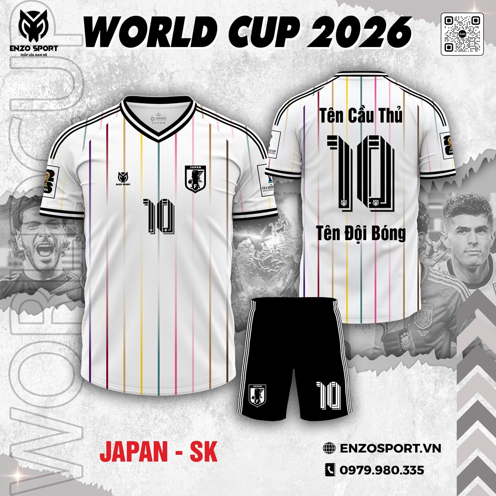 Bộ quần áo bóng đá Japan World Cup 2026 màu trắng đa sắc, sọc màu nổi bật, logo rõ nét
