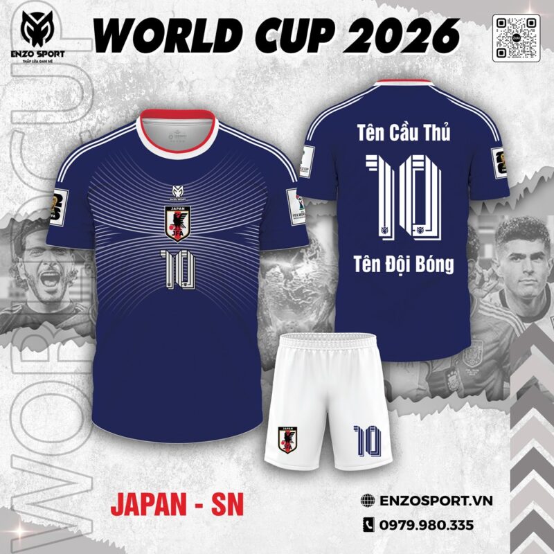 Áo Bóng Đá Tuyển Nhật Bản World Cup 2026 - Xanh Đậm Viền Đỏ Trẻ Trung
