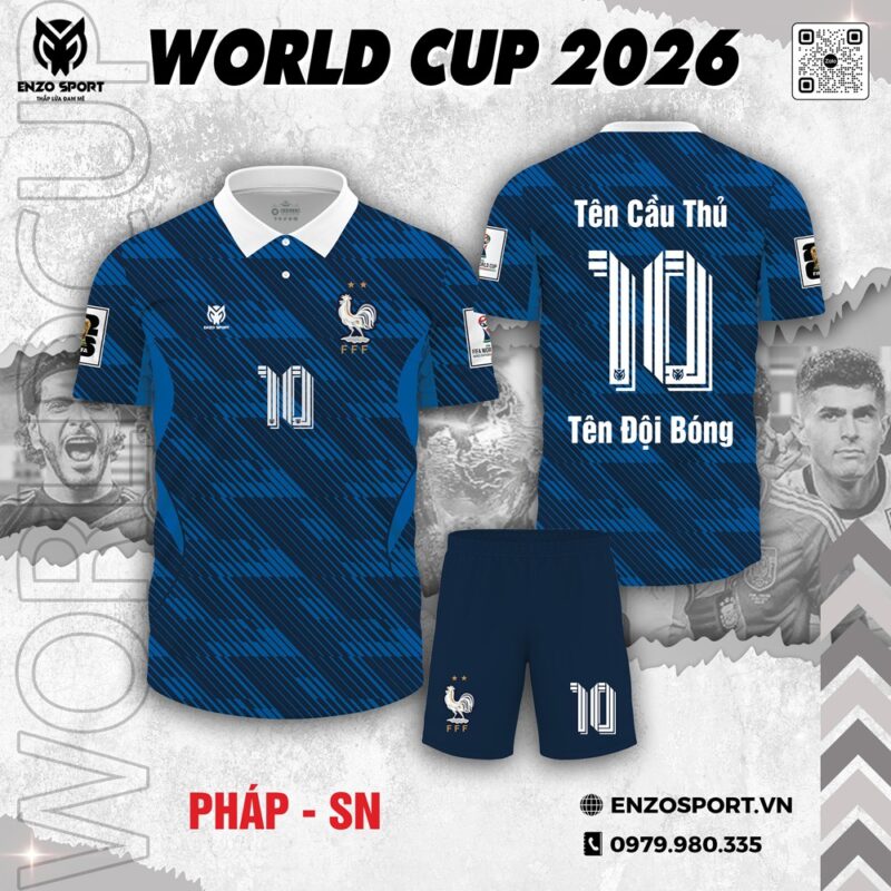 Áo Polo Thể Thao Xanh Lam Đậm Hoạ Tiết Kẻ Chéo – Pháp World Cup 2026 SN