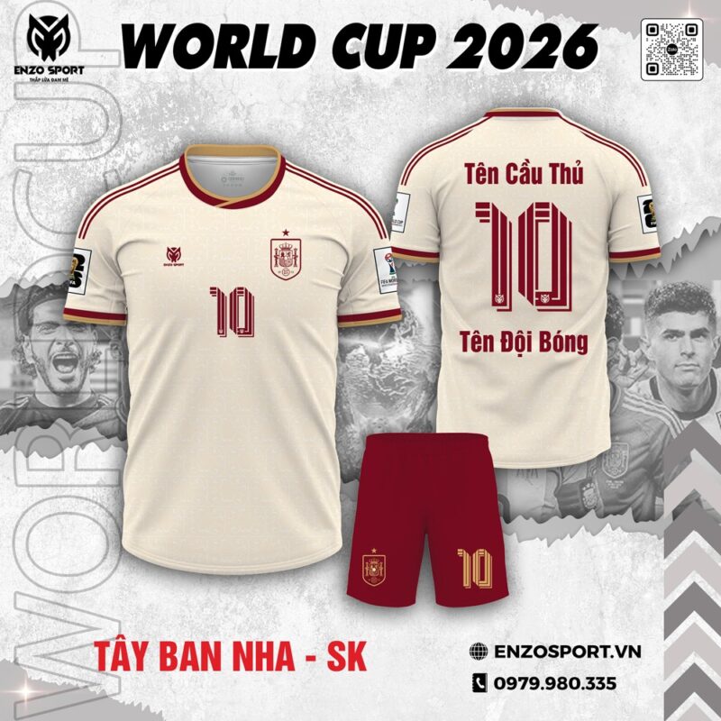 Áo Đấu Tuyển Tây Ban Nha Màu Kem Đỏ World Cup 2026 Chính Hãng
