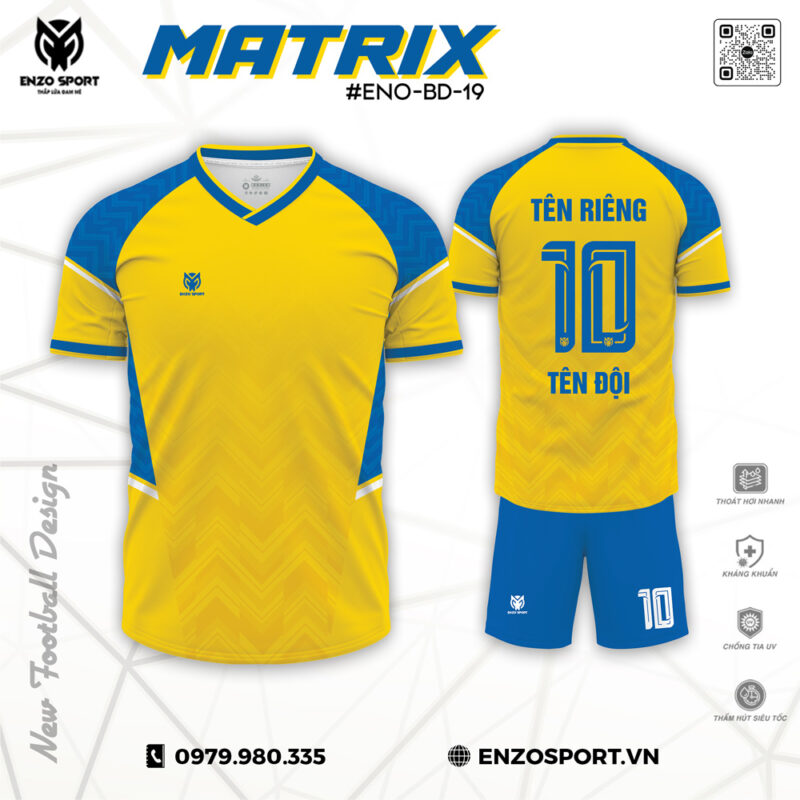 Áo Bóng Đá Không Logo ENO 19 - Màu Vàng Xanh Dương Năng Động