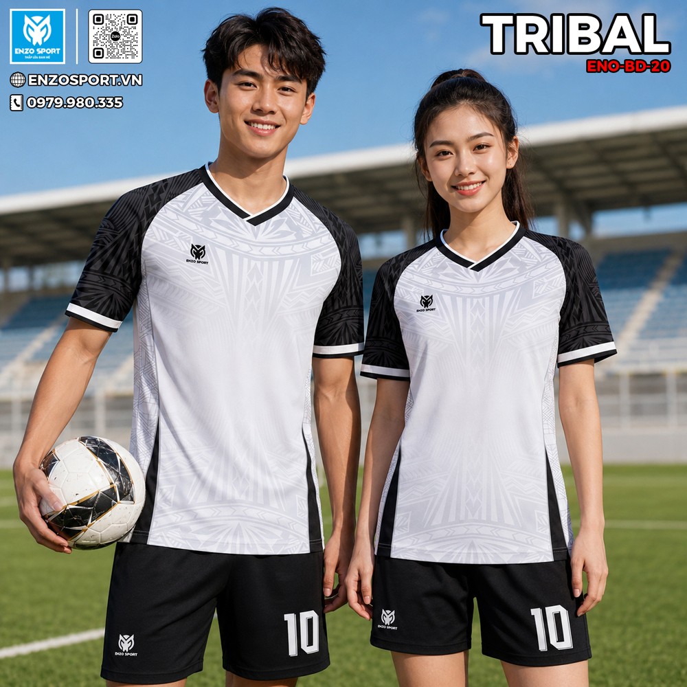 Áo bóng đá không logo ENO 20 trắng đen tribal cá tính