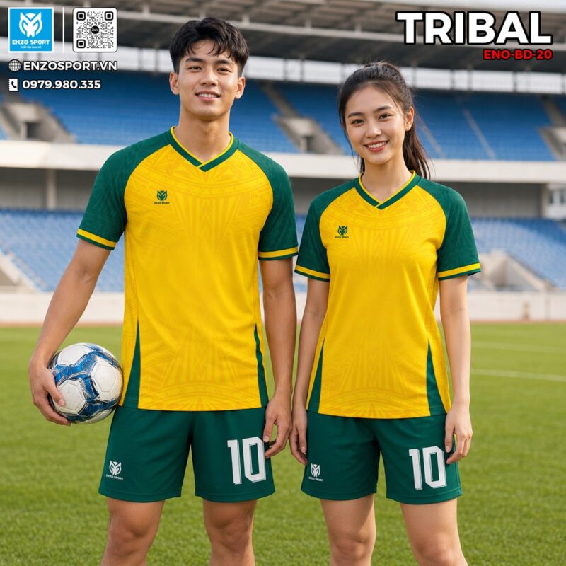 Áo Bóng Đá Không Logo ENO 20 - Màu Vàng Tươi Phối Xanh Tribal Cá Tính