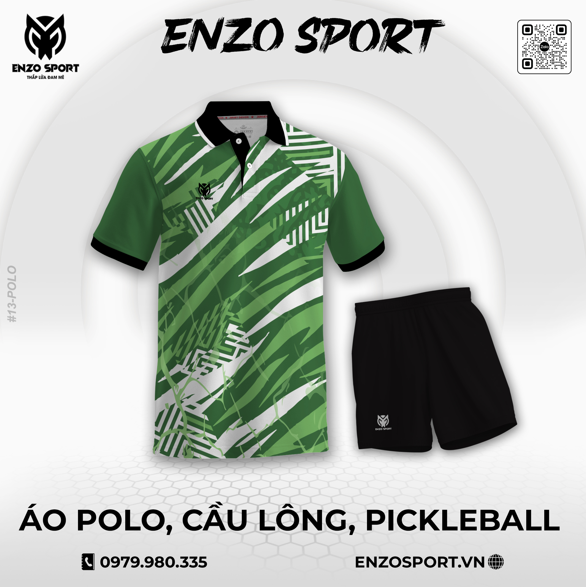 Áo Polo thiết kế ENO-POLO-13 tông xanh lá phối trắng